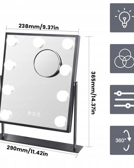 Kosmetologinis veidrodis LED Hollywood 36,5 x 29 cm, pastatomas, USB