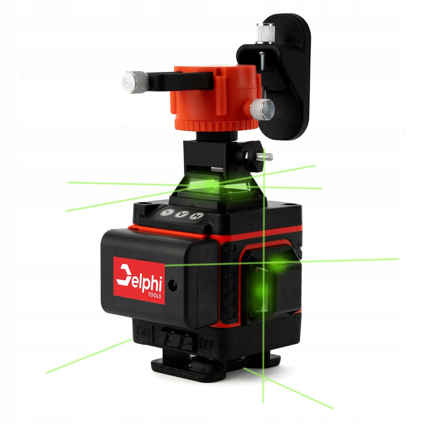 Kryžminis lazerinis nivelyras Delphi Tools 16 linijų 4D 360° su 2 akumuliatoriais, 115 cm aliuminiu trikojų, pulteliu ir pilnu priedų komplektu