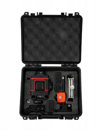 Kryžminis lazerinis nivelyras Delphi Tools 16 linijų 4D 360° su 2 akumuliatoriais, 115 cm aliuminiu trikojų, pulteliu ir pilnu priedų komplektu