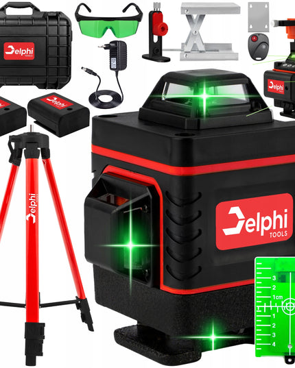 Kryžminis lazerinis nivelyras Delphi Tools 16 linijų 4D 360° su 2 akumuliatoriais, 115 cm aliuminiu trikojų, pulteliu ir pilnu priedų komplektu