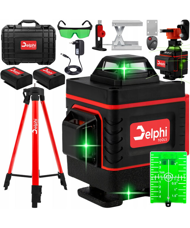 Kryžminis lazerinis nivelyras Delphi Tools 16 linijų 4D 360° su 2 akumuliatoriais, 115 cm aliuminiu trikojų, pulteliu ir pilnu priedų komplektu