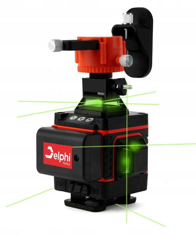 Kryžminis lazerinis nivelyras Delphi Tools 16 linijų 4D 360° su 2 akumuliatoriais, 115 cm aliuminiu trikojų, pulteliu ir pilnu priedų komplektu