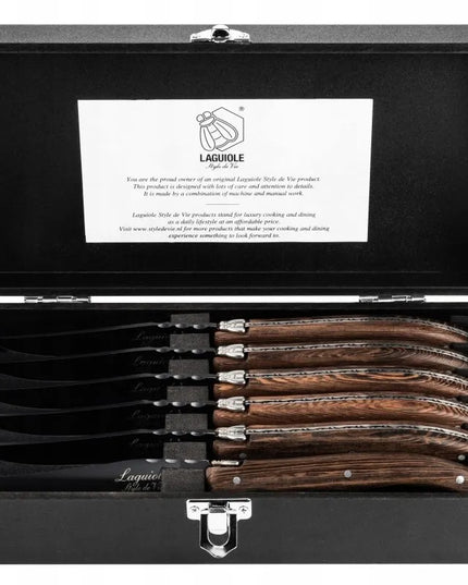 Laguiole Luxury Line – 6 kepsnių peilių rinkinys, afrikinio wenge medienos rankenos, dovanų dėžutėje