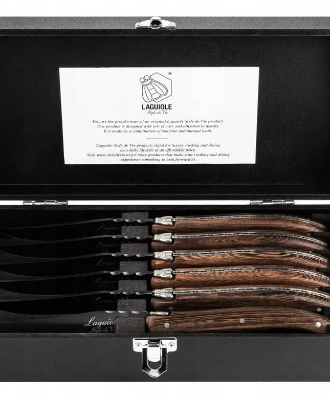Laguiole Luxury Line – 6 kepsnių peilių rinkinys, afrikinio wenge medienos rankenos, dovanų dėžutėje