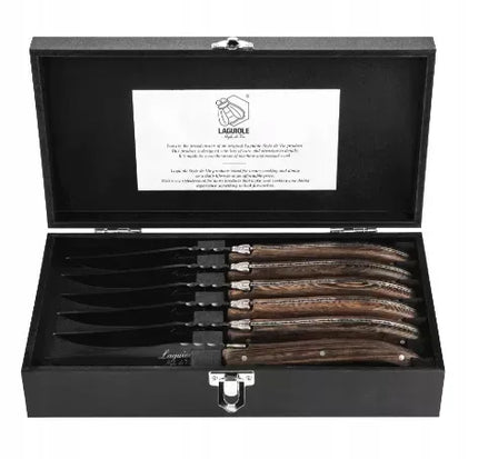 Laguiole Luxury Line – 6 kepsnių peilių rinkinys, afrikinio wenge medienos rankenos, dovanų dėžutėje