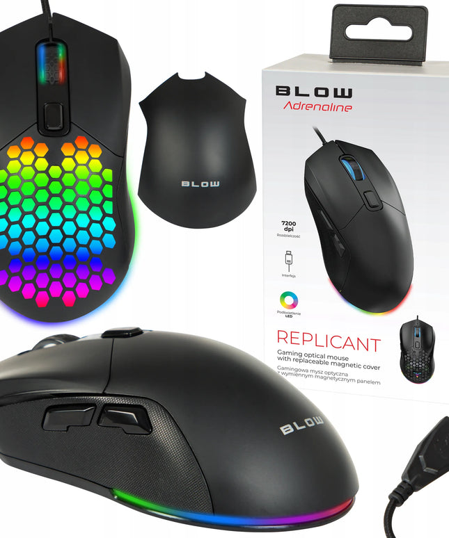 Laidinė kompiuterinė žaidimų pelė Blow REPLICANT USB 7200DPI su keičiamais dangteliais