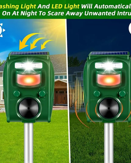 Laukinių gyvūnų atbaidymo prietaisai 2 vnt. su saulės energija, ultragarsiniu ir šviesos signalu, elnių, lapių, kiaunių, seskų, paukščių ir graužikų atbaidymui su judesio jutikliu