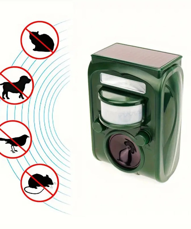 Laukinių gyvūnų atbaidymo prietaisai 2 vnt. su saulės energija, ultragarsiniu ir šviesos signalu, elnių, lapių, kiaunių, seskų, paukščių ir graužikų atbaidymui su judesio jutikliu