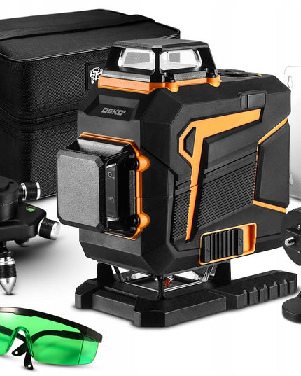 4D lazerinis nivelyras DEKO DKLL16PS1 žalias kryžminis lazeris 360° su nuotolinio valdymo pultu, akumuliatoriumi, krovikliu, trikoju ir pilna komplektacija