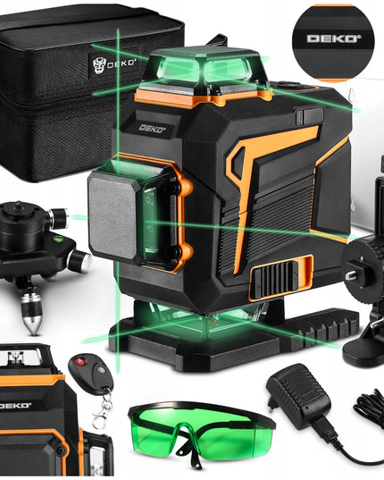 4D lazerinis nivelyras DEKO DKLL16PS1 žalias kryžminis lazeris 360° su nuotolinio valdymo pultu, akumuliatoriumi, krovikliu, trikoju ir pilna komplektacija