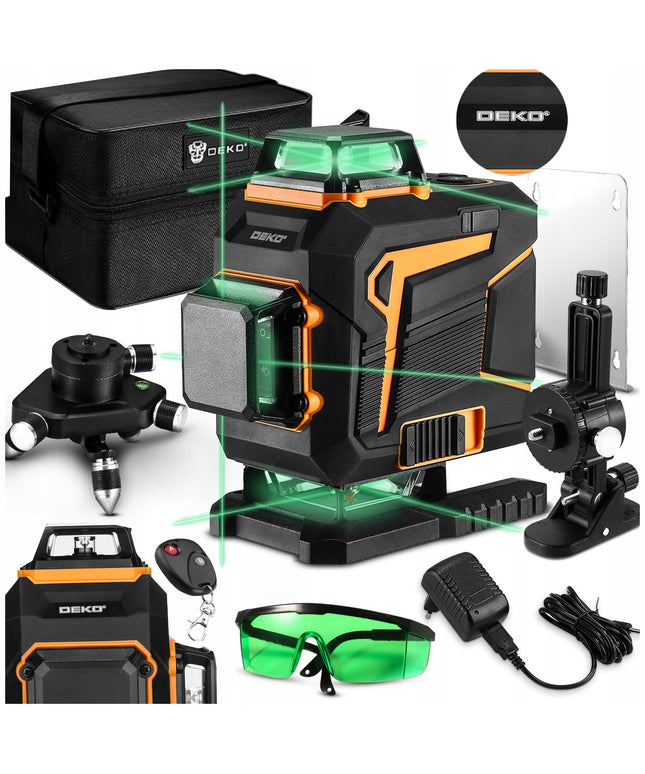 4D lazerinis nivelyras DEKO DKLL16PS1 žalias kryžminis lazeris 360° su nuotolinio valdymo pultu, akumuliatoriumi, krovikliu, trikoju ir pilna komplektacija