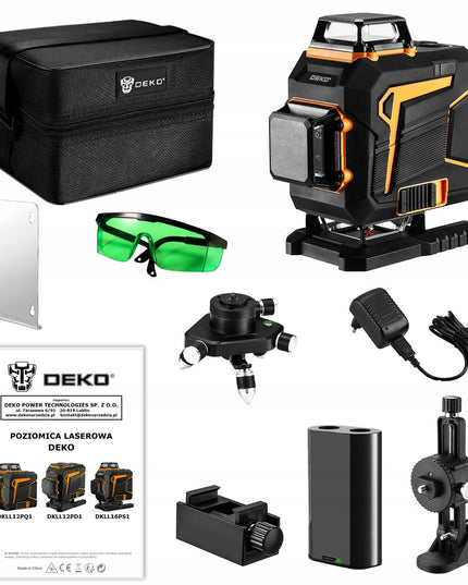 4D lazerinis nivelyras DEKO DKLL16PS1 žalias kryžminis lazeris 360° su nuotolinio valdymo pultu, akumuliatoriumi, krovikliu, trikoju ir pilna komplektacija