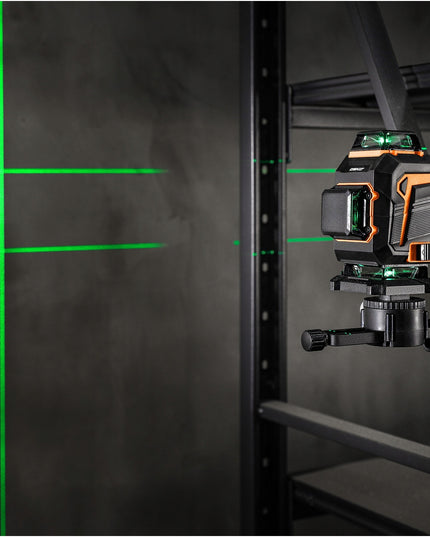 4D lazerinis nivelyras DEKO DKLL16PS1 žalias kryžminis lazeris 360° su nuotolinio valdymo pultu, akumuliatoriumi, krovikliu, trikoju ir pilna komplektacija