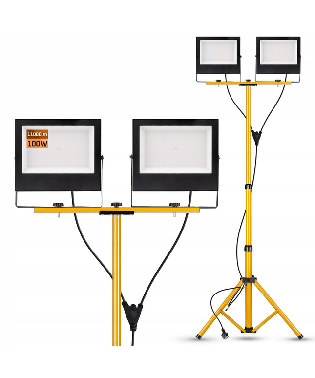 LED darbo šviestuvas ant trikojinio stovo 2x100W, vandeniui atsparus, profesionaliam statybų ir dirbtuvių apšvietimui