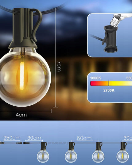 LED sodo girlianda 15m su 25 E12 lemputėmis, nuotoliniu valdymu ir reguliuojamu ryškumu | IP65 atspari, vestuvėms, terasai, balkonui, šventėms