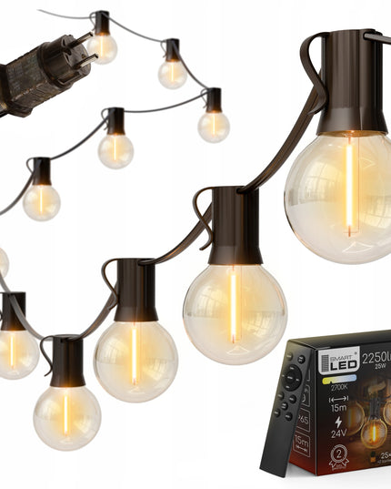 LED sodo girlianda 15m su 25 E12 lemputėmis, nuotoliniu valdymu ir reguliuojamu ryškumu | IP65 atspari, vestuvėms, terasai, balkonui, šventėms