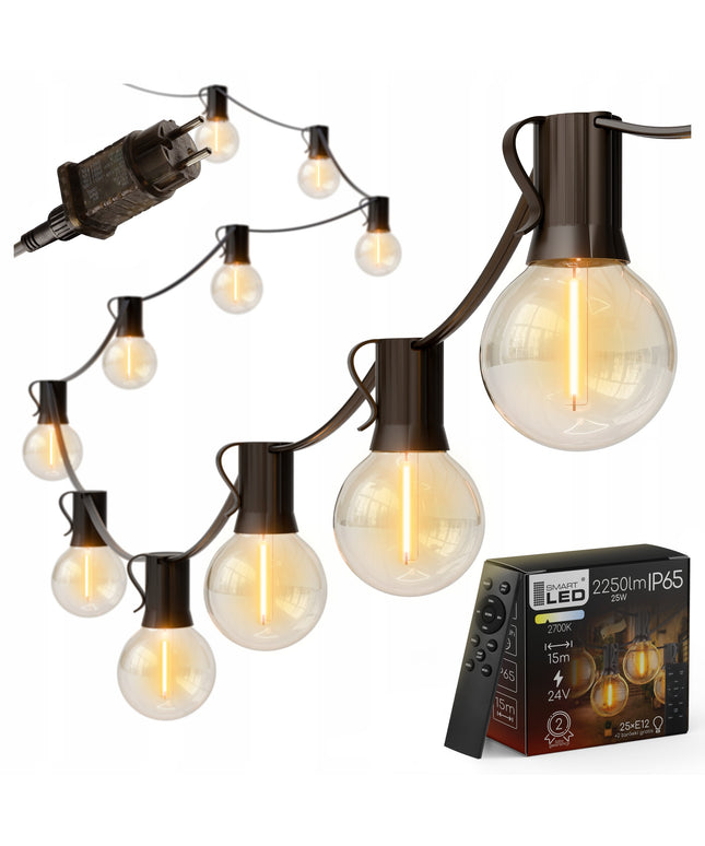 LED sodo girlianda 15m su 25 E12 lemputėmis, nuotoliniu valdymu ir reguliuojamu ryškumu | IP65 atspari, vestuvėms, terasai, balkonui, šventėms
