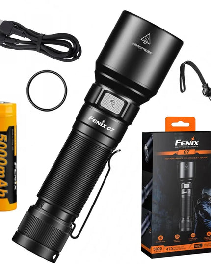 LED žibintuvėlis Fenix C7 3000lm 470m 5000 mAh USB-C IP68 duraliuminis