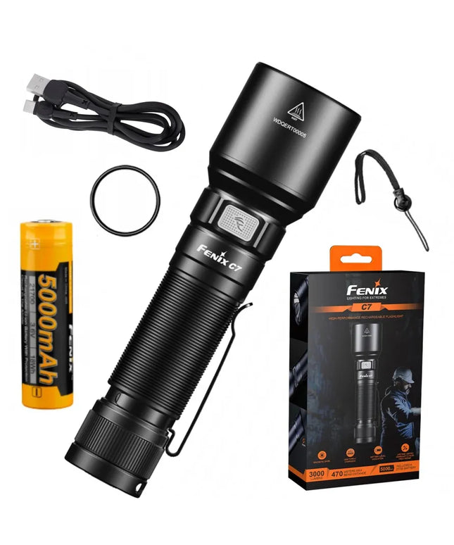 LED žibintuvėlis Fenix C7 3000lm 470m 5000 mAh USB-C IP68 duraliuminis