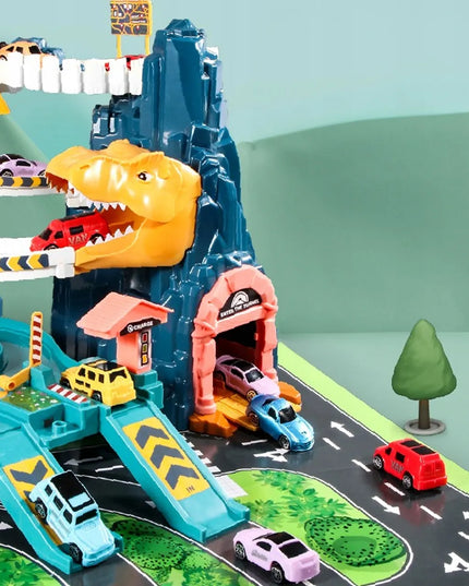 Lenktynių trasos rinkinys su dinozauru, elektriniu keltuvu ir 4 mašinėlėmis