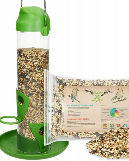 Lesykla paukščiams žiemai – grūdų tūbelė + 1kg lesalo + patarimų knygelė