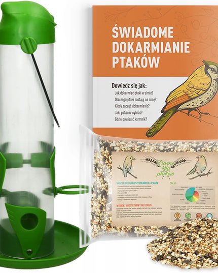 Lesykla paukščiams žiemai – grūdų tūbelė + 1kg lesalo + patarimų knygelė