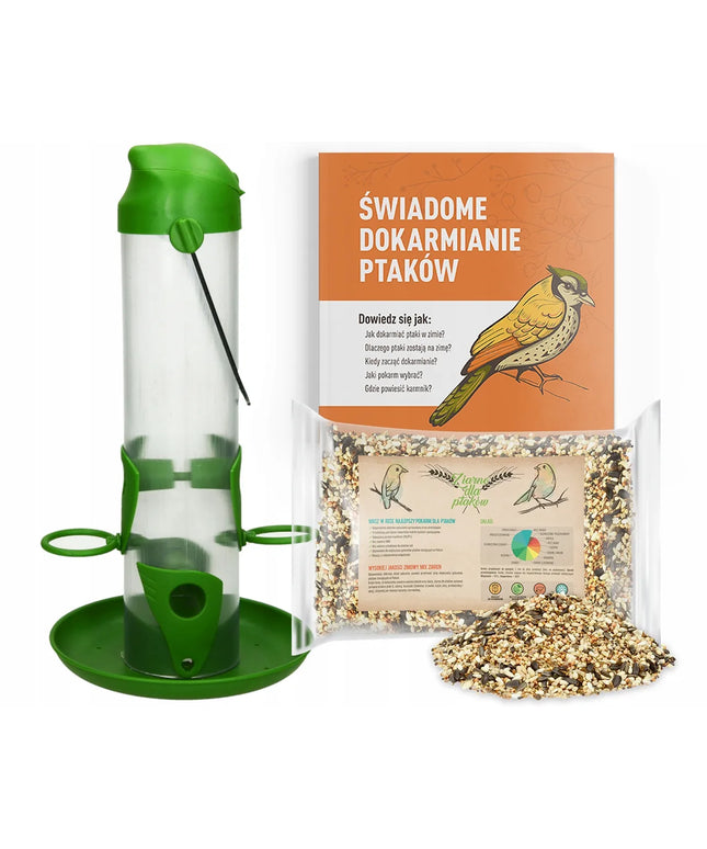 Lesykla paukščiams žiemai – grūdų tūbelė + 1kg lesalo + patarimų knygelė