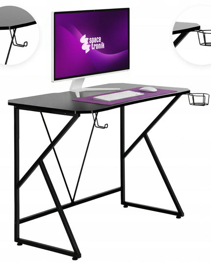 Loft stiliaus kompiuterio stalas 100x60 cm su laikikliais puodeliui ir ausinėms, juodas