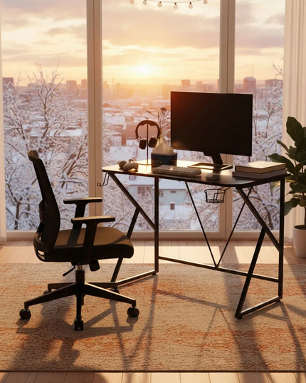 Loft stiliaus kompiuterio stalas 100x60 cm su laikikliais puodeliui ir ausinėms, juodas