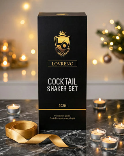 Lovreno barmeno rinkinys kokteiliams 18 dalių, medinis stovas, kortelės, dovana