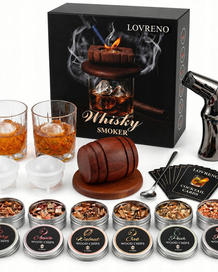 LOVRENO Whisky Smoker rūkymo rinkinys – 6 skoniai, degiklis, tobula dovana