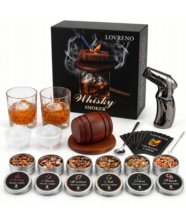 LOVRENO Whisky Smoker rūkymo rinkinys – 6 skoniai, degiklis, tobula dovana