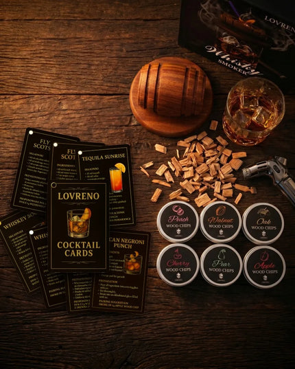 LOVRENO Whisky Smoker rūkymo rinkinys – 6 skoniai, degiklis, tobula dovana