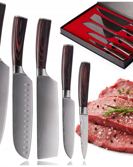 Luneso 5 dalių japoniško stiliaus virtuvinių peilių rinkinys iš anglinio plieno