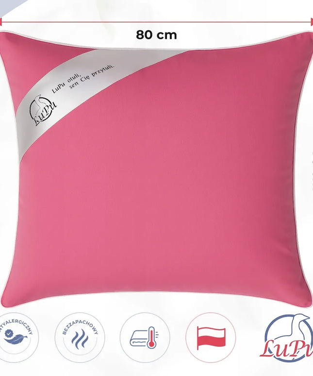 LuPu 70x80 cm antialerginė miego pagalvė su ančių plunksnų užpildu, rožinė