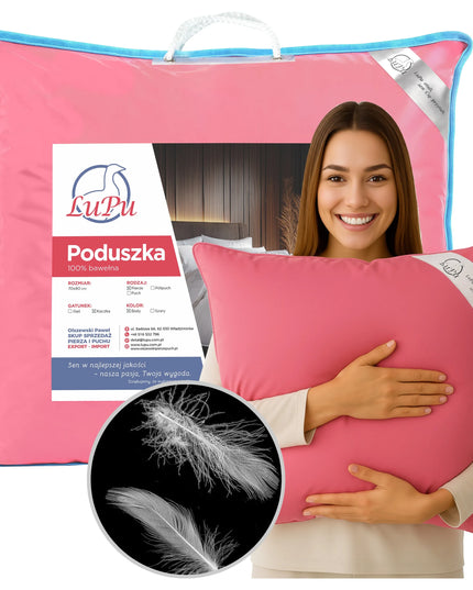LuPu 70x80 cm antialerginė miego pagalvė su ančių plunksnų užpildu, rožinė