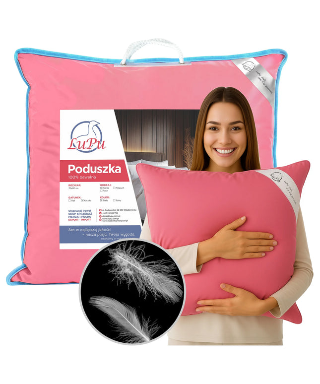 LuPu 70x80 cm antialerginė miego pagalvė su ančių plunksnų užpildu, rožinė