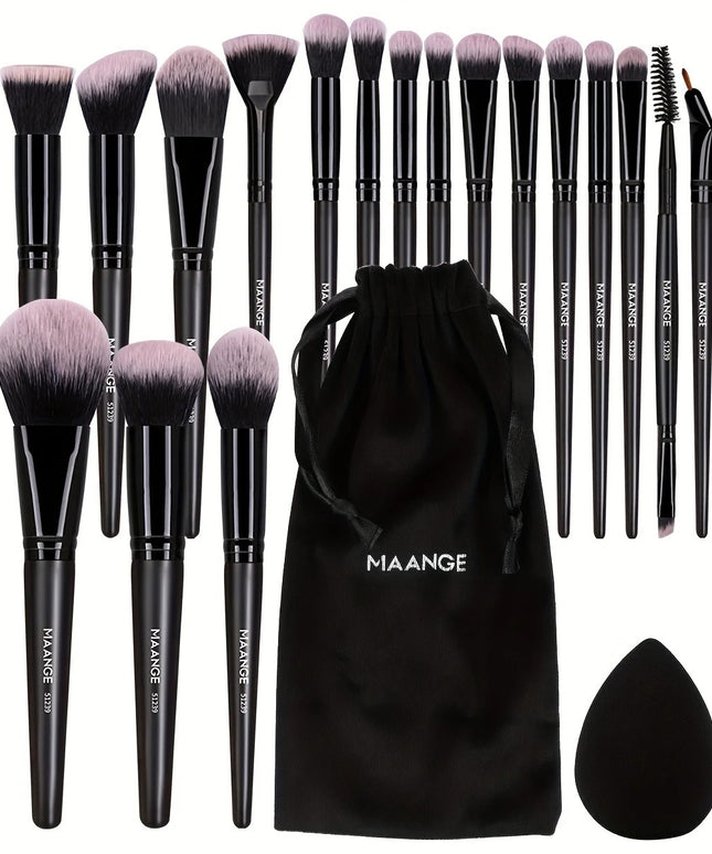 MAANGE 20 dalių profesionalus makiažo šepetėlių rinkinys su kempinėle ir kelioniniu dėklu – viskas viename tobulam makiažui