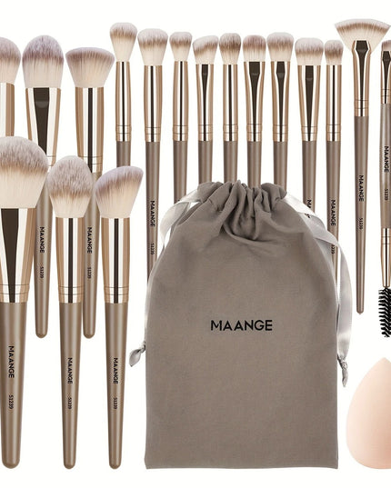 MAANGE 20 dalių profesionalus makiažo šepetėlių rinkinys su kempinėle ir kelioniniu dėklu – viskas viename tobulam makiažui