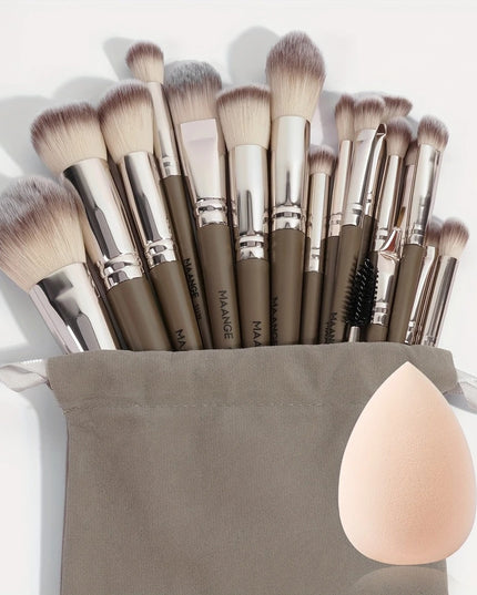 MAANGE 20 dalių profesionalus makiažo šepetėlių rinkinys su kempinėle ir kelioniniu dėklu – viskas viename tobulam makiažui