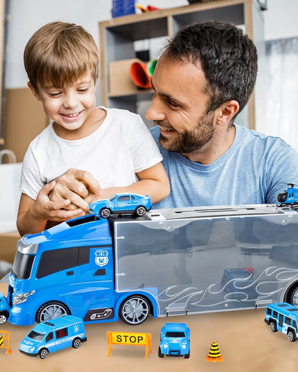 MalPlay policijos sunkvežimis su automobiliukais, lagaminas, automobilvežis