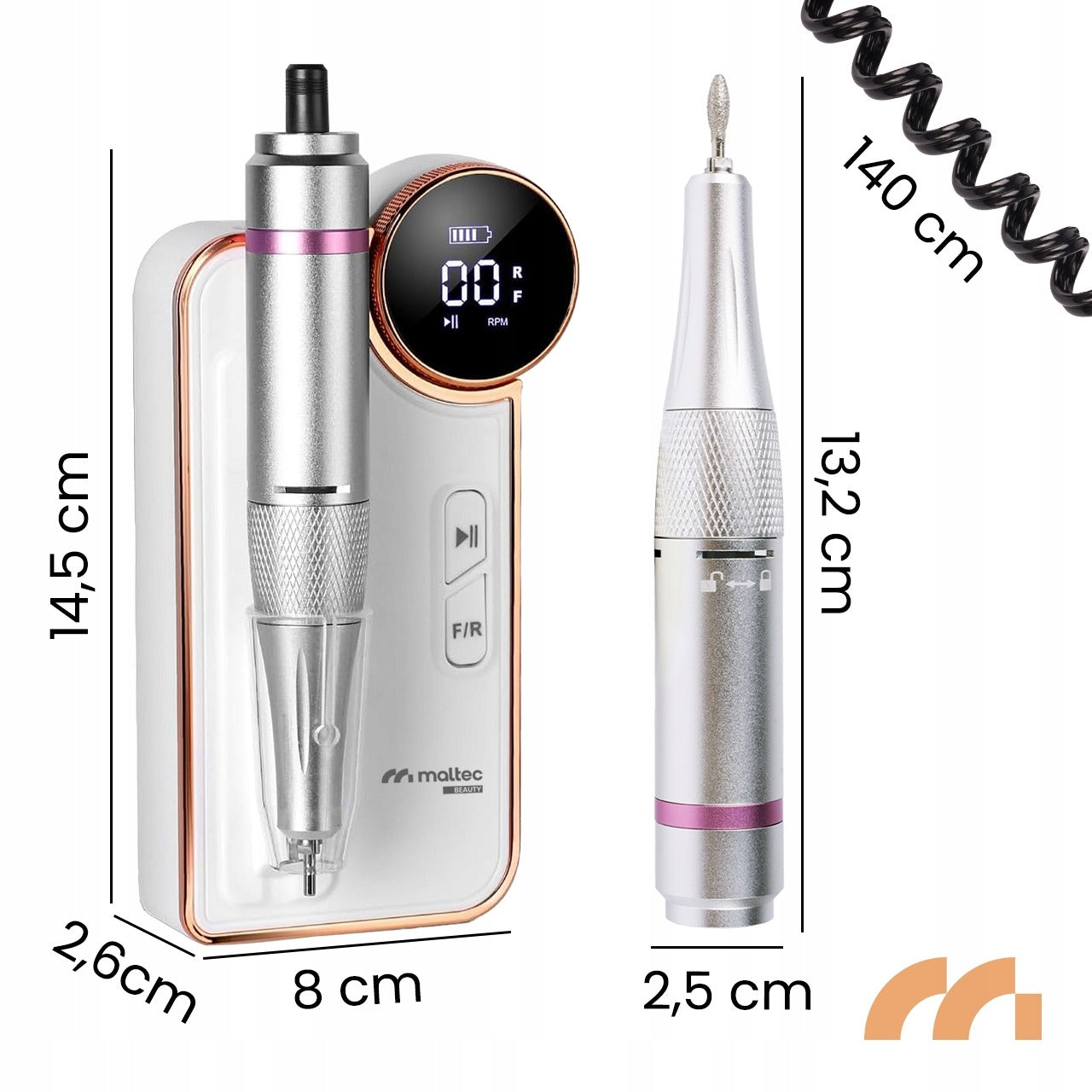 Belaidė freza manikiūrui ir pedikiūrui MALTEC ND-6 – 50W, 35000 aps./min., akumuliatorinė su antgaliais, Twist Lock, profesionaliam naudojimui