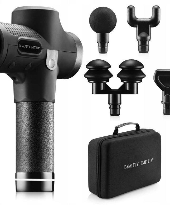 Masažo pistoletas kūnui Beauty Limited® 120W su 30 intensyvumo lygių, 7 keičiamos galvutės, LCD ekranas ir belaidis naudojimas