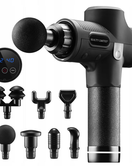 Masažo pistoletas kūnui Beauty Limited® 120W su 30 intensyvumo lygių, 7 keičiamos galvutės, LCD ekranas ir belaidis naudojimas
