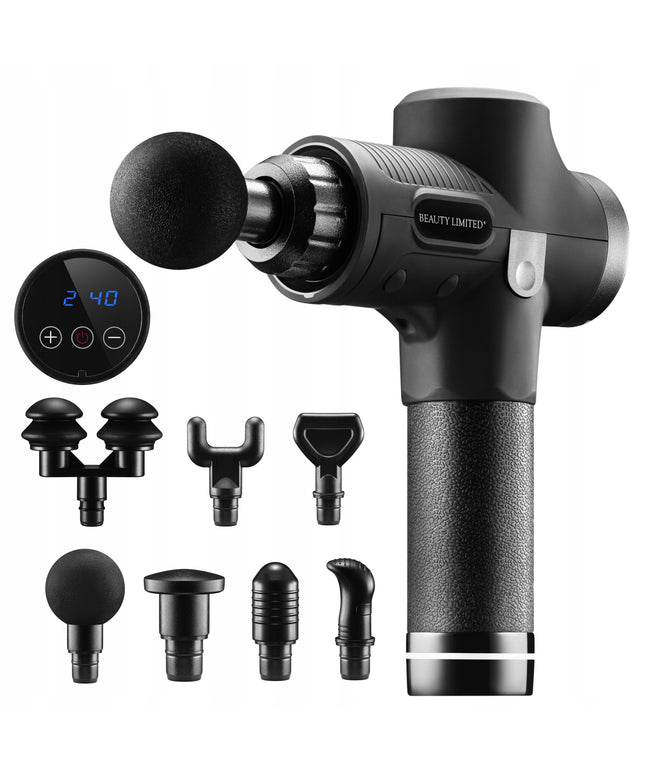 Masažo pistoletas kūnui Beauty Limited® 120W su 30 intensyvumo lygių, 7 keičiamos galvutės, LCD ekranas ir belaidis naudojimas