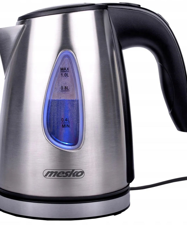 Mažas 1L belaidis metalinis elektrinis virdulys Mesko su LED apšvietimu ir filtru