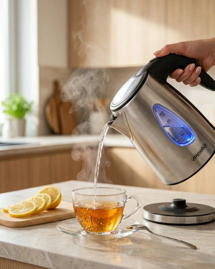 Mažas 1L belaidis metalinis elektrinis virdulys Mesko su LED apšvietimu ir filtru