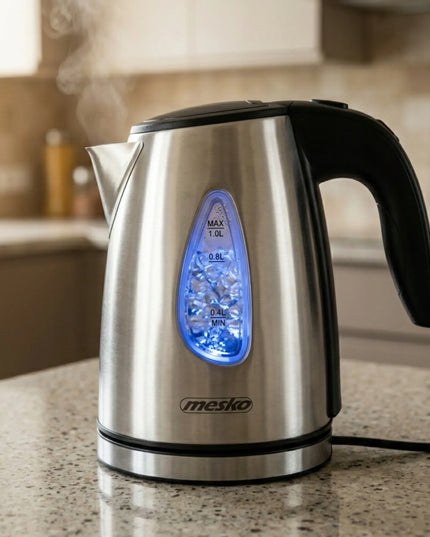 Mažas 1L belaidis metalinis elektrinis virdulys Mesko su LED apšvietimu ir filtru