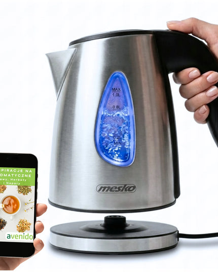 Mažas 1L belaidis metalinis elektrinis virdulys Mesko su LED apšvietimu ir filtru