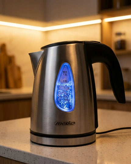 Mažas 1L belaidis metalinis elektrinis virdulys Mesko su LED apšvietimu ir filtru